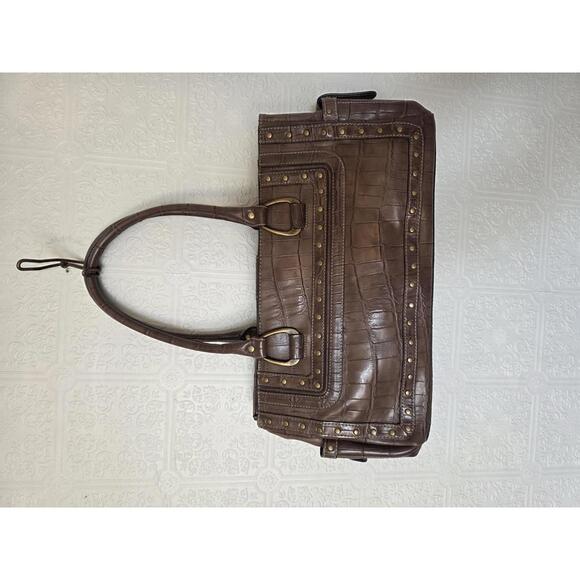 Nine West Other - Nine West Brown Croc Embossed Studded Satchel | Leopard Lining